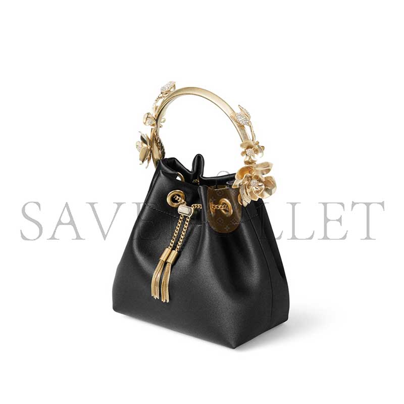 JIMM YCHOO BON BON BLACK SATIN BUCKET BAG WITH METAL FLOWERS BONBONIFE010003 (15*14*9.5cm) JIMM YCHOO BON BON BLACK SATIN BUCKET BAG WITH METAL FLOWERS BONBONIFE010003 (15*14*9.5cm)
